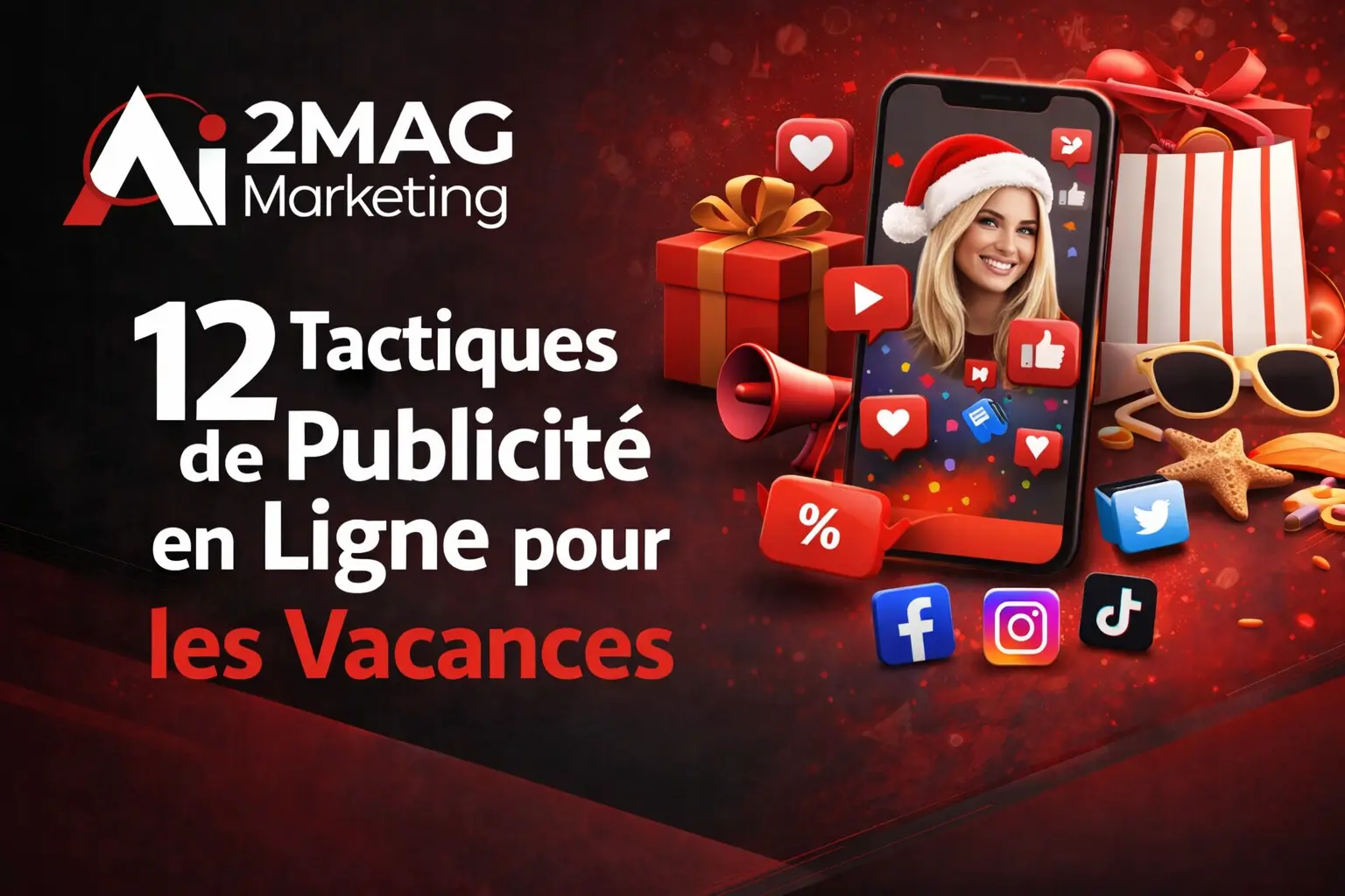 Visuel marketing noir et rouge de 2MAG Marketing illustrant les 12 tactiques de publicité en ligne pour les vacances avec smartphone, influenceuse, icônes réseaux sociaux et éléments promotionnels festifs.