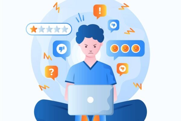 Expérience client digitale illustrée par un utilisateur naviguant sur un site web fluide sur ordinateur et smartphone, montrant un parcours client optimisé et une interface UX moderne