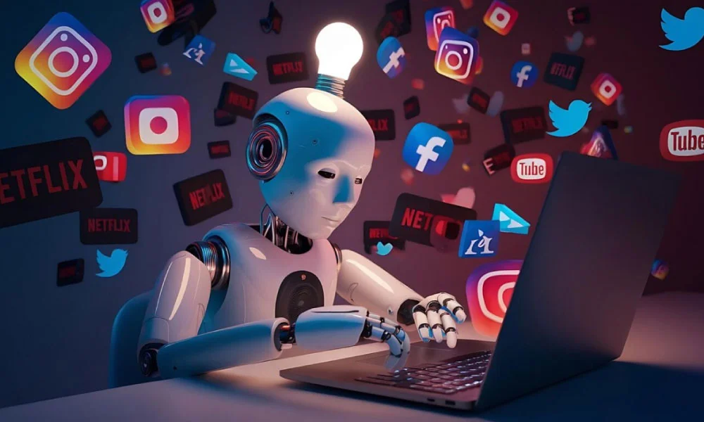 Graphique représentant l’intelligence artificielle intégrée aux réseaux sociaux, montrant l’analyse de données, la génération de contenu et l’optimisation des campagnes marketing.