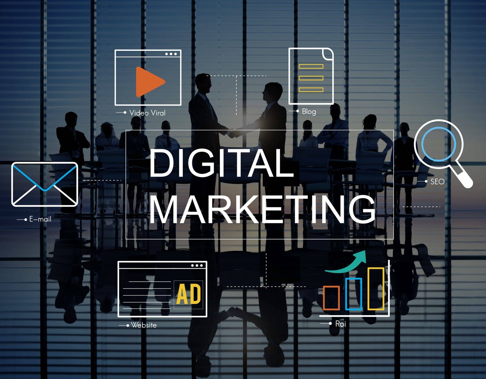 Campagne digitale en cours sur ordinateur affichant des publicités en ligne et un tableau d’analyse marketing avec indicateurs de performance et ROI