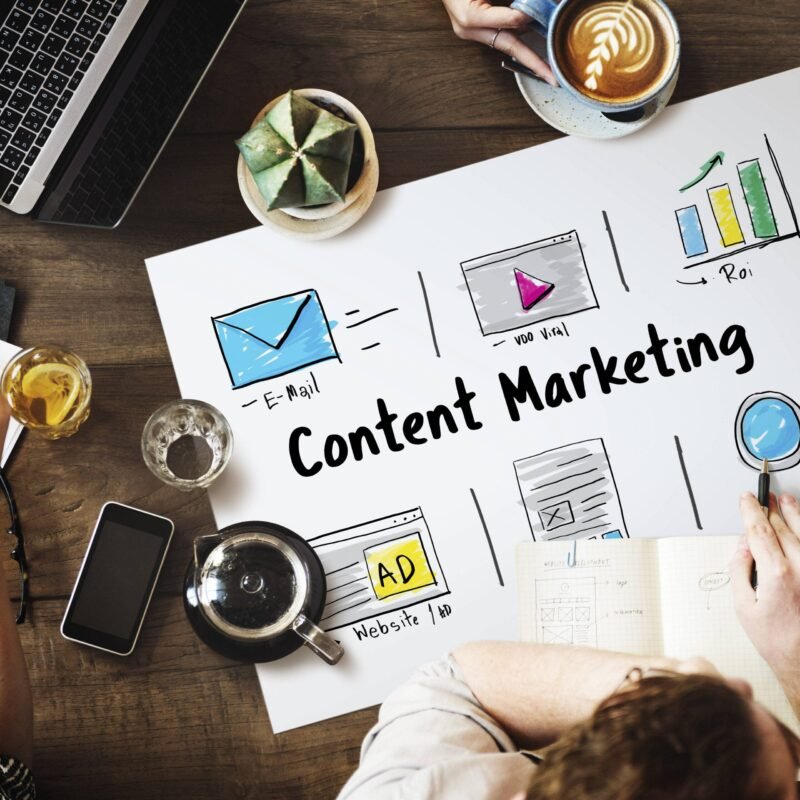 Infographie représentant le marketing de contenu : création de contenu, engagement de l’audience, génération de leads et optimisation SEO pour renforcer la notoriété de la marque.
