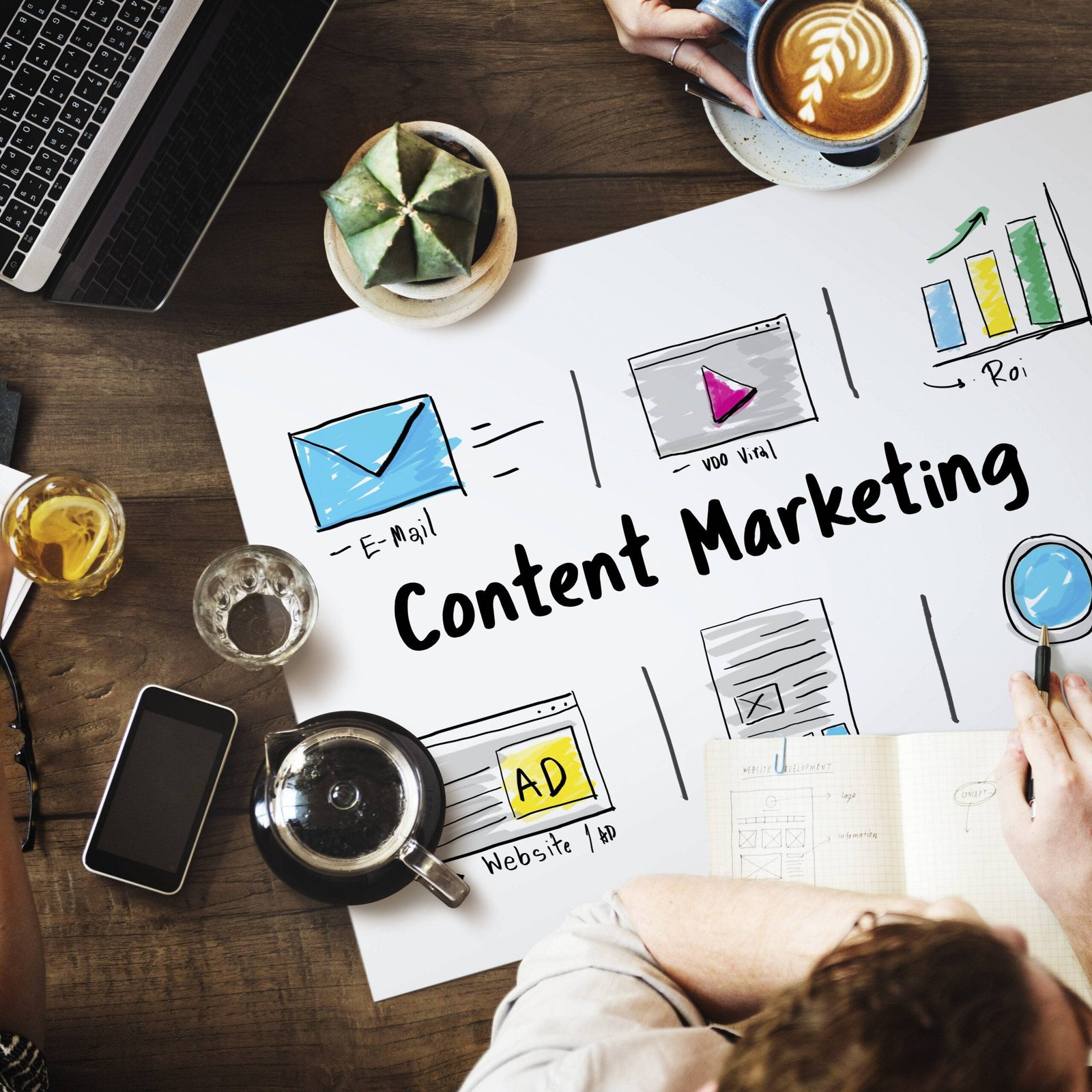 Infographie représentant le marketing de contenu : création de contenu, engagement de l’audience, génération de leads et optimisation SEO pour renforcer la notoriété de la marque.